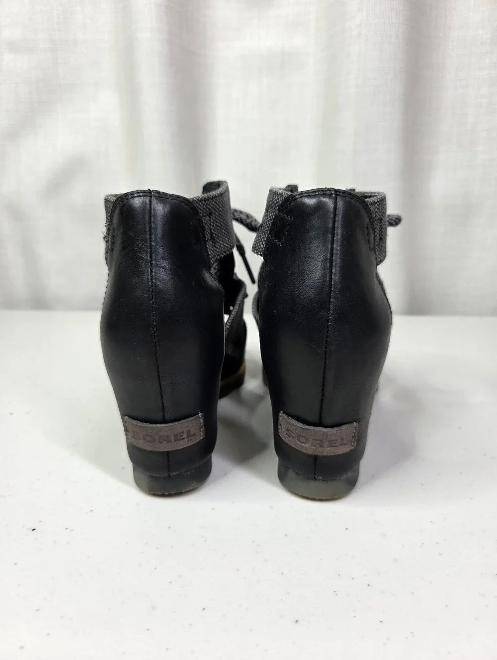 Sorel Joanie Leather Lace Up Wedge Sandals Women's Black Open-Toe